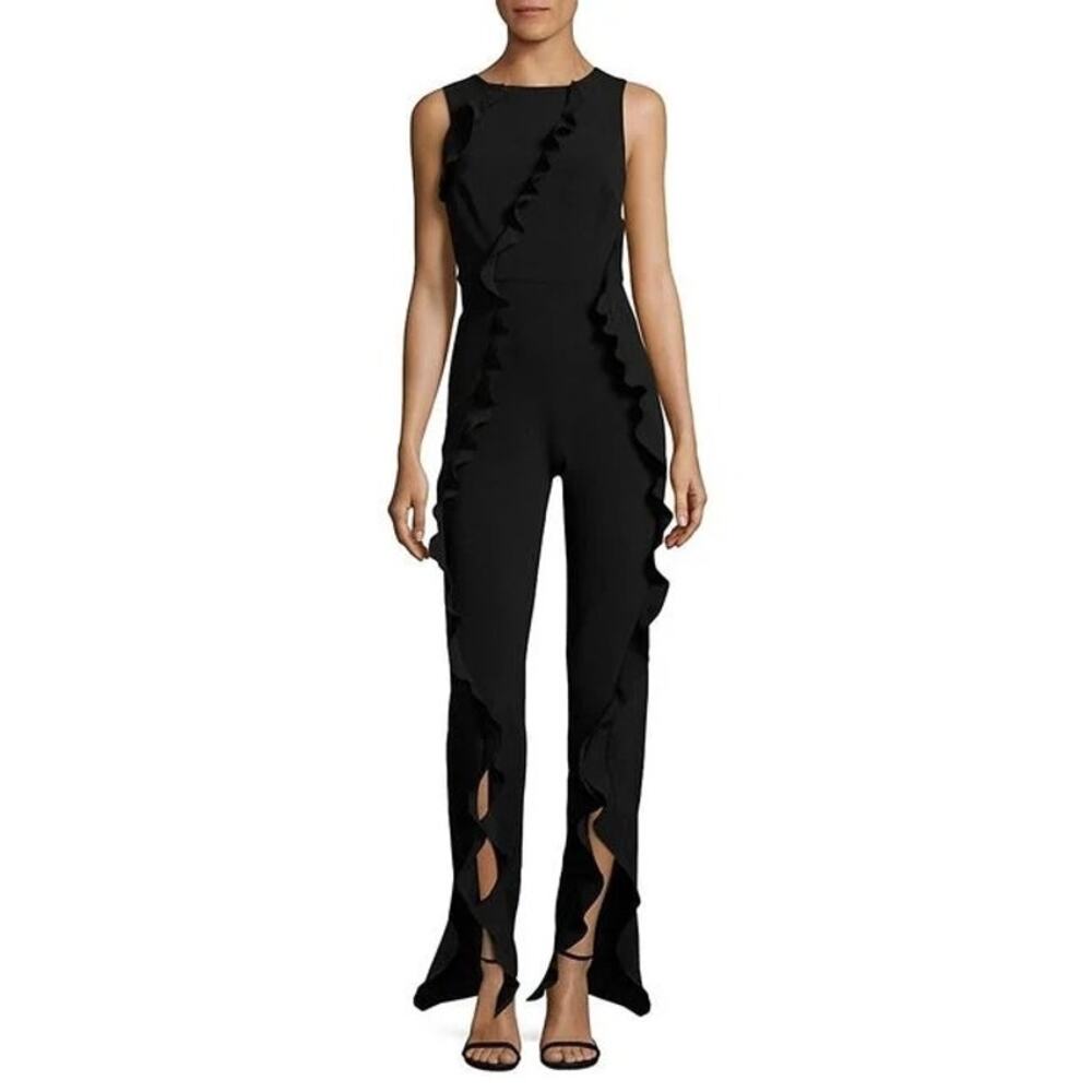 Saloni Mara Ruffled Flared Jumpsuit Black‎ Size 6 Sleeveless V Back Crewneck